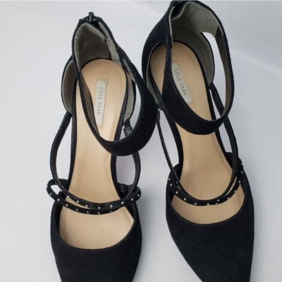 Cole Haan Black Suede Heels Stud Detail Size 10B Ankle Strap Cocktail Wedding - Picture 10 of 15